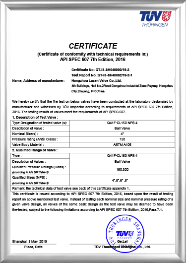 Požární certifikace API607 (Q41F-CL150 NPS 4)