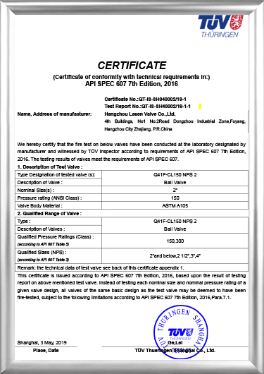 Požární certifikace API607 (Q41F-CL150 NPS 2)