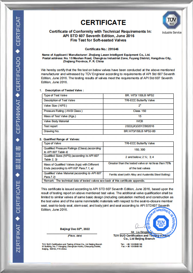 Požární certifikace API607 (BR.W73/150LB NPS2)