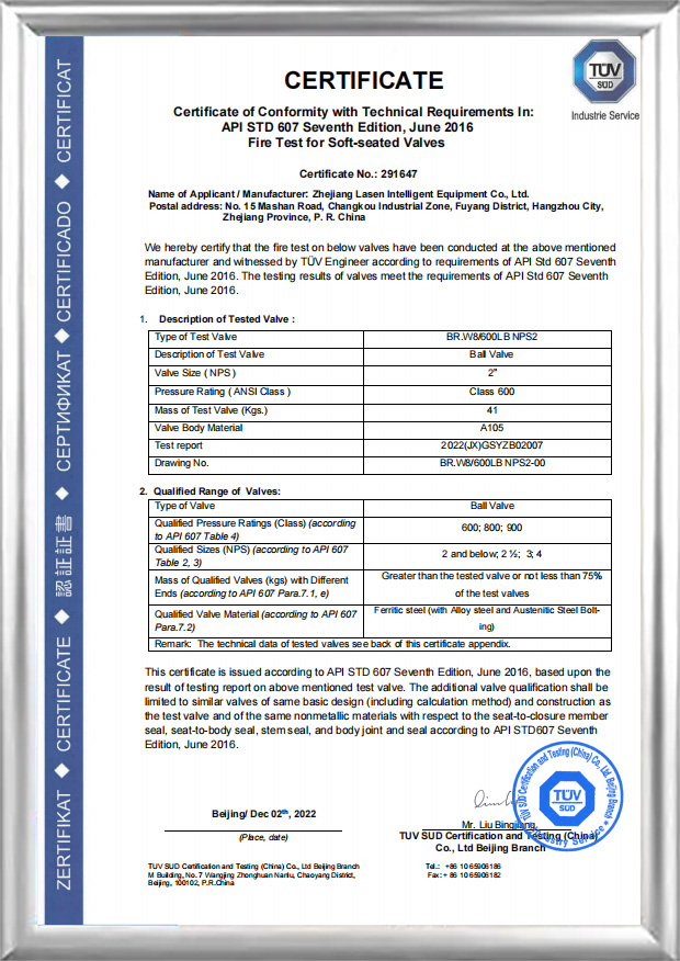 Požární certifikace API 607 ​​(BR.W8/600 LB NPS2)